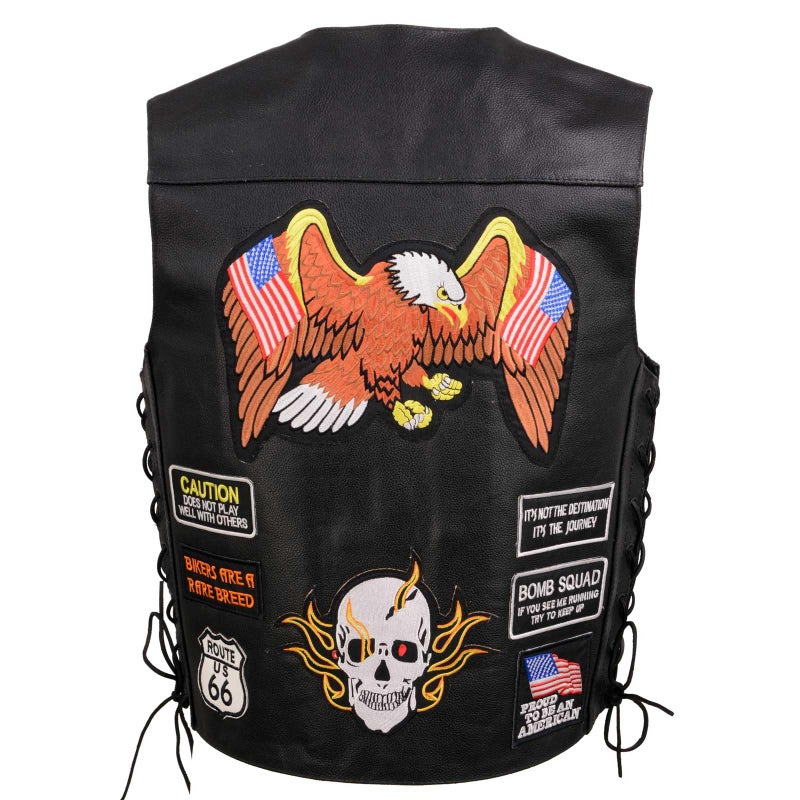 EVENT LEATHER ELM3920 Men's Black Leather Pre-Patched Bikers Vest w/ 6 Pockets - 23 Patches and Side Laces - Medium - Image 1